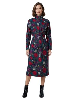 Vintage Wool Silk Floral High Neck Pleated Button Front Midi Dress Size 4 USA